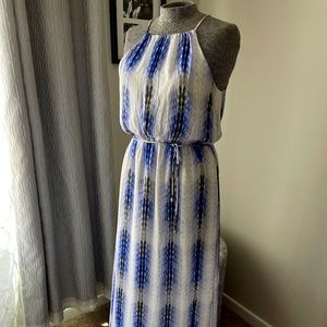 Flowy halter summer maxi dress, blue and white. Size M